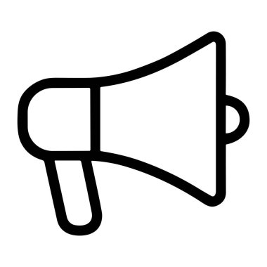 Bir megafon ya da megafonun en az siyah taslak simgesi. Bu vektör grafiği beyaz arka planda iletişimi, halka açık konuşmayı, uyarıları ve amplifikasyonu temsil eder..