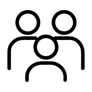 Üç stilize insan figüründen oluşan bir grubu tasvir eden minimalist bir siyah taslak ikonu. Basit vektör grafiği bir aileyi, takımı veya topluluk konseptini temsil eder..