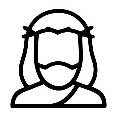 İsa Mesih 'in başını tasvir eden basit bir siyah beyaz çizgi sanat ikonu. Resimde uzun saçlar, bir sakal ve onun tutkusunu simgeleyen dikenli taç yer alıyor..