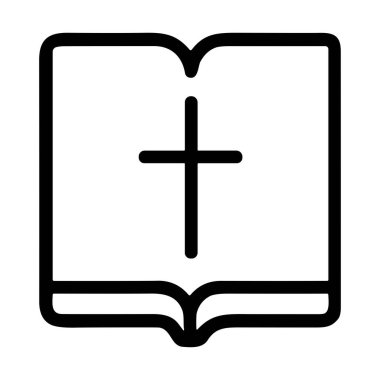 İncil 'i temsil eden açık bir kitabın minimalist siyah taslak simgesi. Ortasında bir Hristiyan haçı var. Beyaz bir arka planda inanç, din ve kutsal kitabın sembolü..