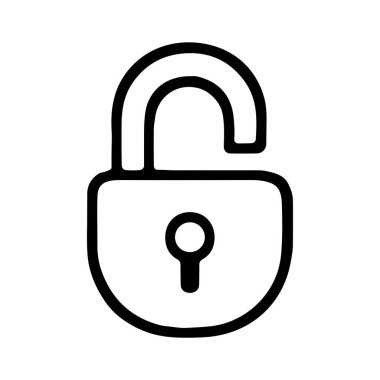 Kilidi açık bir asma kilidin minimalist siyah çizgili sanat simgesi. Bu basit vektör grafiği erişimi, özgürlüğü, açıklığı ve kilidi açma ya da güvenlik ihlalini sembolize eder..