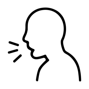 Profilde insan kafasını gösteren basit bir siyah taslak simgesi. Ağız, sesi, konuşmayı, bağırmayı, öksürmeyi ya da hapşırmayı temsil eden çizgilerle açıktır..