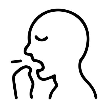 Minimalist bir siyah-beyaz taslak simgesi insan kafasını profilde gösteriyor ve eli ağzını kapatıyor. Bu grafik soğuk algınlığı, grip, virüs ya da alerji gibi hastalık belirtilerini gösteriyor..