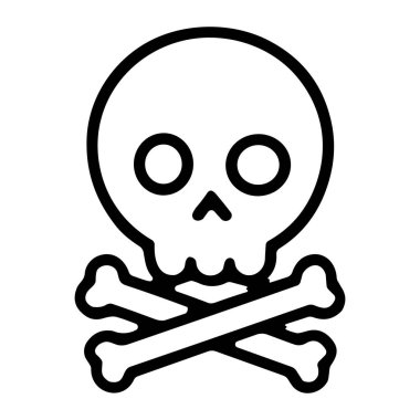 Altında iki çapraz kemik olan bir insan kafatasının minimalist monokrom çizimi. Bu evrensel sembol tehlikeyi, zehri, zehirliliği, ölümü veya korsanlığı temsil ediyor. Beyaz bir arkaplanda izole edilmiş.
