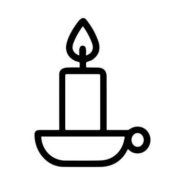 Basit bir şamdanlıkta yanan bir mumu alevle tasvir eden minimalist bir siyah taslak ikonu. Web ve grafik tasarımı için vektör illüstrasyonu.