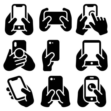 El ele tutuşan ve akıllı telefonları farklı hareket ve açılarla etkileyen çeşitli siyah ve beyaz simgeler..