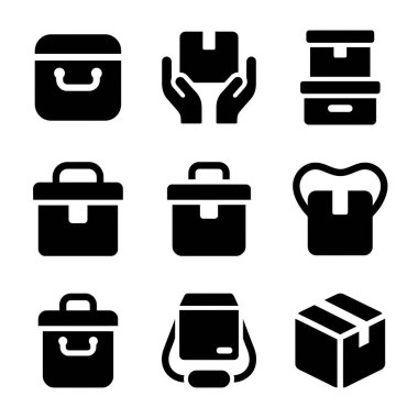 Dijital ve yazdırma medya projeleri için iş, ambalaj ve dağıtım kavramlarını temsil eden dokuz siyah beyaz simge kümesi.