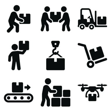 Bir sanayi ortamında kaldırma, işletim mekanizması ve lojistik gibi çeşitli işyeri faaliyetlerini gösteren siyah simgeler.