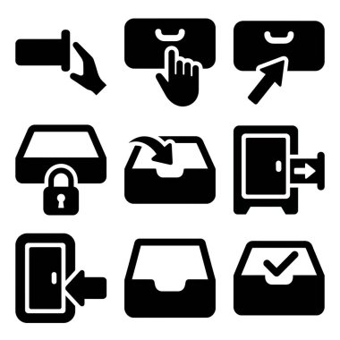 Uygulamalar ve web siteleri için dijital kilitleri, güvenliği ve kullanıcı arayüzü unsurlarını temsil eden siyah ve beyaz simgeler kümesi, güvenlik ve erişim denetimini vurguluyor.