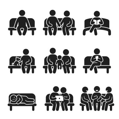 Farklı sosyal ve günlük ortamlarda oturan, konuşan ve etkileşen, iletişimi ve toplumu temsil eden siyah siluet simgeleri.