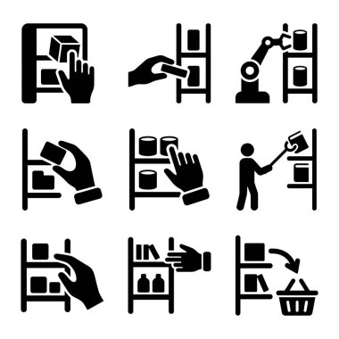 Çeşitli laboratuvar ve bilimsel araştırma faaliyetlerini ve eğitim veya mesleki kullanım araçlarını betimleyen dokuz siyah beyaz simge seti.