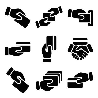 İş ve takım çalışması kavramları için el sıkışma, anlaşma, ortaklık, işbirliği, anlaşma ve işbirliği sembollerini temsil eden bir dizi siyah beyaz simge.