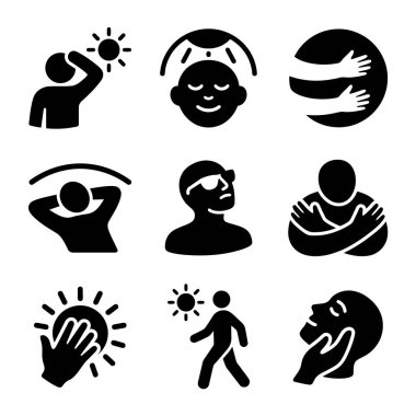 El yıkamayı, yüz temizliğini, hijyeni ve sağlık ve güvenlik için kişisel bakım faaliyetlerini temsil eden siyah ikonlar..