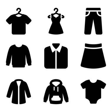 Moda ve tasarım projeleri için gömlekler, elbiseler, pantolonlar ve aksesuarlar da dahil olmak üzere farklı giyim ürünlerini temsil eden bir takım siyah giysi simgeleri.