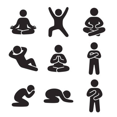 Yoga ve meditasyon yapan insanların siyah siluetleri, sakin ve dengeli bir ortamda farkındalığı, esnekliği ve gevşemeyi vurguluyor..