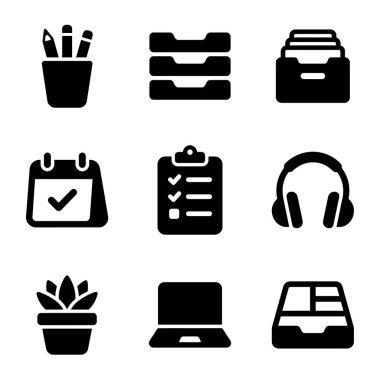 Ofis malzemeleri, teknoloji araçları ve iş, iş ve organizasyonel temalar için uygun üretkenlik araçlarını temsil eden bir dizi siyah beyaz simge.