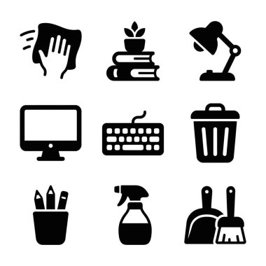 El dezenfektanı, bilgisayar, klavye, çöp kutusu ve temizlik aletleri de dahil olmak üzere çeşitli ofis ve masa malzemelerini temsil eden siyah beyaz simgeler..