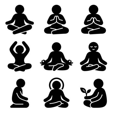 Meditasyon ve yoga pozlarındaki bireyleri tasvir eden, farkındalığı, rahatlığı ve sağlık uygulamalarını teşvik eden siyah siluet koleksiyonu..