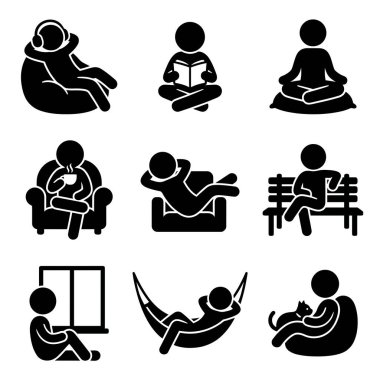 Çeşitli siyah siluet simgeleri insanları farklı duruş ve ortamlarda rahatlarken, okurken, meditasyon yaparken ve keyif alırken tasvir ediyor..