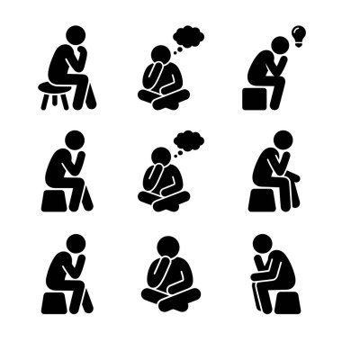 Dokuz siyah siluet figürü farklı oturarak ve çömelmiş pozisyonlarda, her biri bir düşünce baloncuğuyla düşünmeyi, düşünmeyi ve düşünmeyi temsil ediyor..