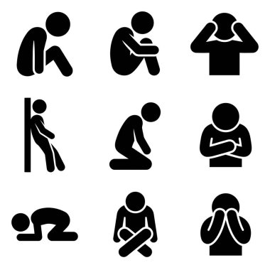 İç gözlem ve derin düşüncelere dalmış, siyah siluet tarzında farklı duruş ve ifadeler sergileyen çeşitli bireyler..