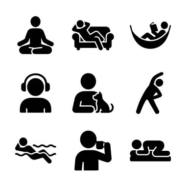 Meditasyon, rahatlama, yoga, müzik dinlemek, okumak, esnemek, yüzmek, içme suyu ve spa aktivitelerini tasvir eden siyah siluet simgeleri koleksiyonu.