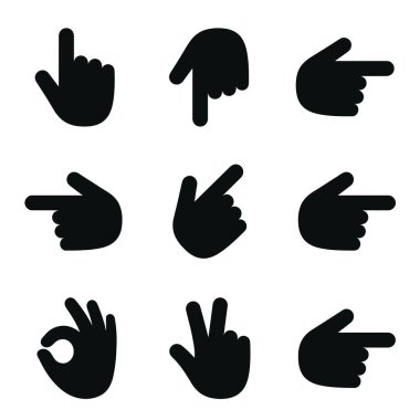 Kullanıcı arayüzleri, iletişim ve tasarım projeleri için uygun, farklı işaret ve sinyalleri temsil eden dokuz adet siyah el jest simgesi.
