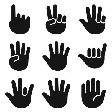 Dijital ortamda iletişim, işaret, sembol ve anlamlı grafikler için uygun farklı işaret ve konumları gösteren dokuz siyah el hareketi simgesi kümesi.