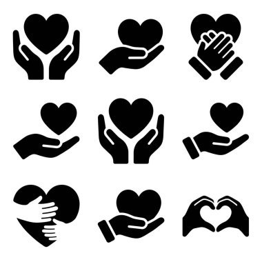 Sevgi, destek, şefkat ve hayırseverliği sembolize eden çeşitli mimikler ve düzenlemeler içeren siyah simgeler..