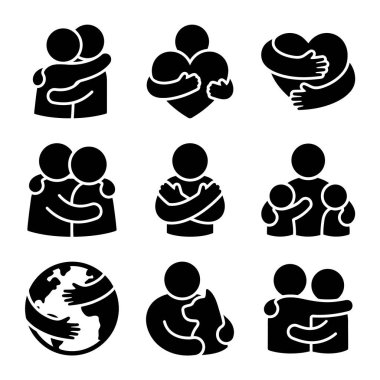 İnsan kucaklaşmasının, kucaklaşmasının ve sevgi, destek ve bağlantıyı sembolize eden şefkatli jestlerin çeşitli biçimlerini gösteren dokuz adet siyah beyaz simge..