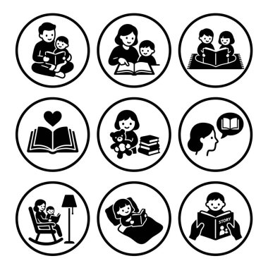Farklı ortamlarda okuyan, çalışan ve eğitici faaliyetlerde bulunan çocukları resmeden siyah beyaz simge koleksiyonu.