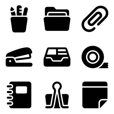 Profesyonel ve eğitimsel kullanım için ofis malzemelerini, kırtasiyeleri ve organizasyonel araçları temsil eden bir dizi siyah beyaz simge.