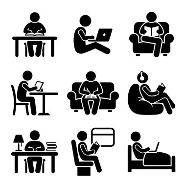 Çeşitli ev ve ofis ortamlarında teknolojiyle uğraşan, çalışan, rahatlatan ve iletişim kuran kişileri tasvir eden çeşitli siluetler..