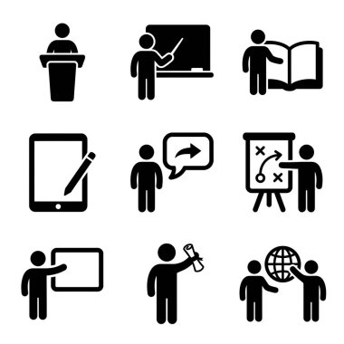 Öğretmenlik, öğrenme, sunum ve sınıf ortamlarında iletişim gibi çeşitli eğitim faaliyetlerini temsil eden siyah beyaz simgelerin bir derlemesi.