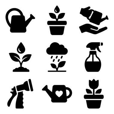 Sulama kabı, saksı çiçeği, toprak dolu el, yağmur bulutu, sprey şişesi ve daha fazlası da dahil olmak üzere dokuz siyah bahçe ikonu seti, bitki bakımı ve bahçe faaliyetlerini temsil ediyor..