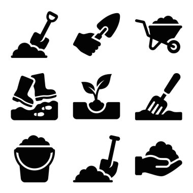 Bahçe işleri, bitki bakımı ve bahçe düzenlemesi ve bahçe işleri için gerekli şeyleri temsil eden siyah siluet simgeleri..