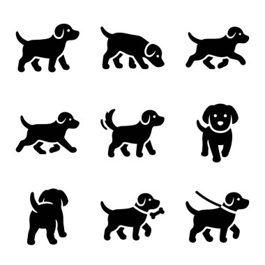 Çeşitli pozlarda dokuz farklı köpek türünün siluetleri, hayvan tasarımı ve çizimleri için uygun büyüklük, şekil ve duruş çeşitliliği göstermektedir..