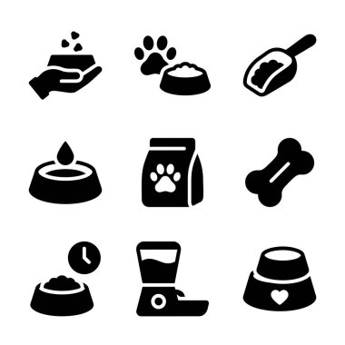 Evcil hayvan sahipleri ve hayvan severler için yemek kaseleri, oyuncaklar, pençe izleri ve tımar aletleri içeren siyah beyaz hayvan bakım ikonları..