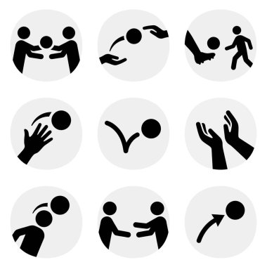 İletişim, etkileşim ve dijital ve yazılı medyada ifade için kullanılan çeşitli el hareketlerini tasvir eden dokuz minimalist siyah beyaz simge seti.