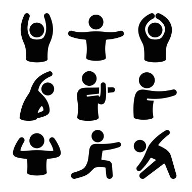 Çeşitli yoga ve meditasyon pozlarını tasvir eden bir grup siyah siluet, minimalist bir tasarımda esneklik, farkındalık ve fiziksel sağlıklılık göstermektedir..