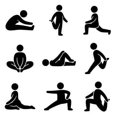 Farklı yoga pozisyonları ve meditasyon duruşları sergileyen bireylerin siluetleri, sağlık, rahatlama, farkındalık, esneklik ve sağlık uygulamalarını vurguluyor.