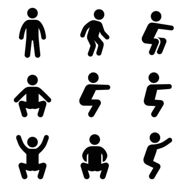 Farklı insan duruşlarını, jestlerini ve çeşitli tasarım ve eğitim amaçları için uygun aktiviteleri gösteren bir dizi siyah silüet..