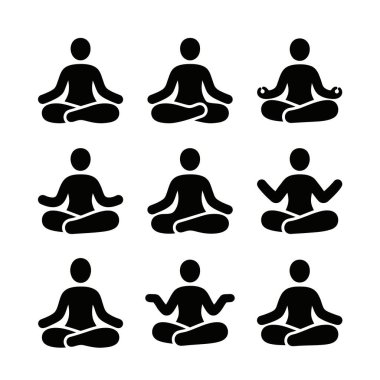 Dokuz siyah siluet bireyler çeşitli oturarak ve bacak bacak bacak üstüne atarak meditasyon yapıyor, farkındalığı, rahatlamayı ve zihinsel sağlık uygulamalarını sembolize ediyor.