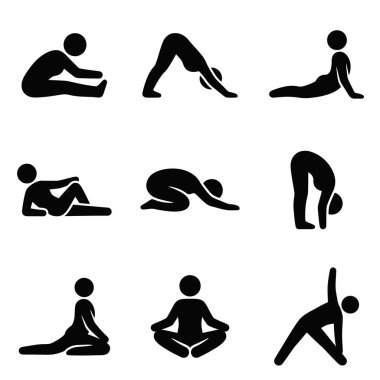 Çeşitli yoga ve meditasyon duruşlarını tasvir eden bir dizi siyah siluet, sağlık ve refah temaları için esneklik, rahatlama ve farkındalık uygulamaları sergiliyor.