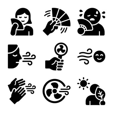 Hava kirliliği, kirlilik kontrolü ve eğitim ve bilgilendirici kullanım için çevre sağlığı kavramlarını temsil eden dokuz siyah ve beyaz simge kümesi.