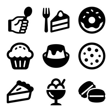 Pasta, kek, kurabiye, pasta, dondurma ve yiyeceklerle ilgili tasarımlar için içecekler de dahil olmak üzere çeşitli tatlı ve atıştırmalıkları temsil eden siyah beyaz ikonlar..