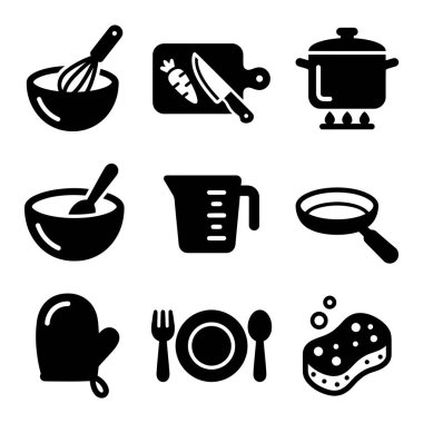 Yemek pişirme ve yemek hazırlamada kullanılan çeşitli mutfak aletlerini ve aletlerini temsil eden siyah beyaz simgeler..