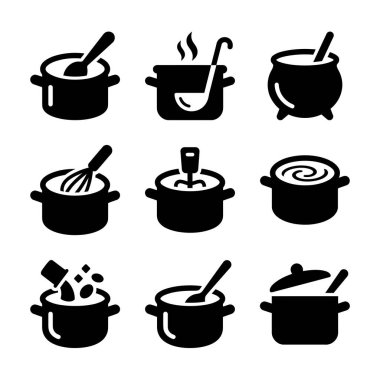Mutfak, mutfak ve yemekle ilgili tasarım projeleri için uygun çeşitli tencere ve çatal bıçakları tasvir eden dokuz adet siyah siluet simgesi..