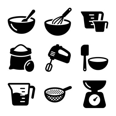 Çeşitli mutfak gereçlerini ve yemek hazırlama ve pişirme etkinliklerinde kullanılan yemek pişirme araçlarını temsil eden siyah beyaz simgeler..