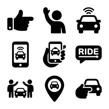 Arabalar, telefonlar ve dijital etkileşim için jestler de dahil olmak üzere çeşitli ulaşım yöntemleri ve iletişim araçlarını temsil eden bir dizi siyah simge.